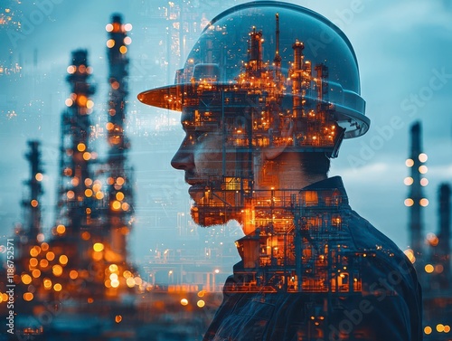 Double exposure of manager and engineer working with safety helmet with oil refinery industry plant background