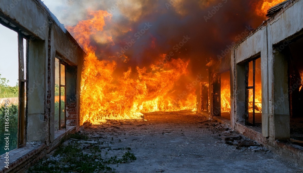 Obraz premium A gloomy scene of a fire breaking out in an abandoned building, flames spreading through the cracks in windows and doors