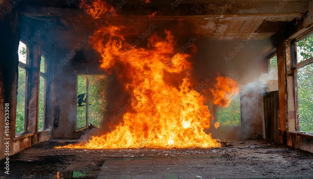 Obraz premium A gloomy scene of a fire breaking out in an abandoned building, flames spreading through the cracks in windows and doors