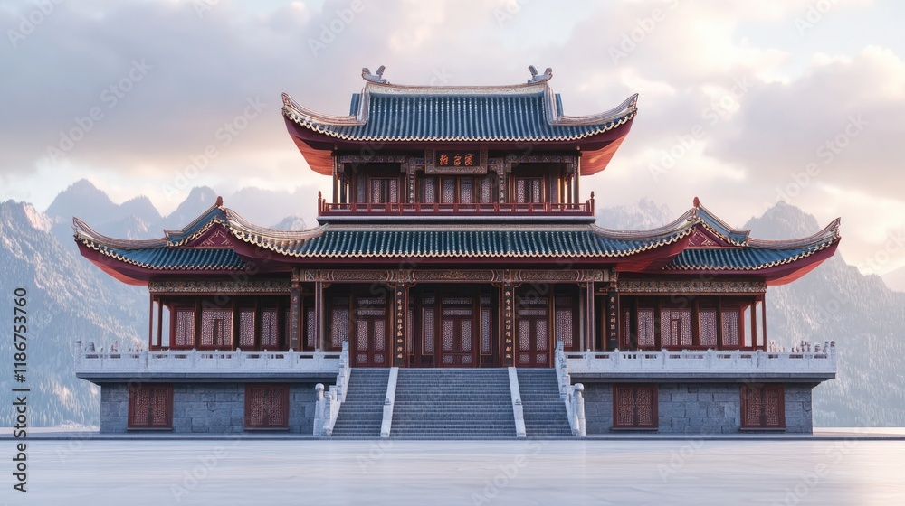 Naklejka premium A stunning 3D model of a traditional Chinese building, beautifully designed with ancient architecture, set against an elegant background.