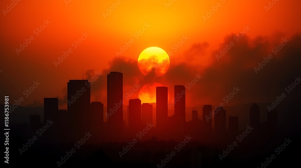 Naklejka premium Hauntingly Los Angeles Skyline at Sunrise After Devastating Wildfire – Apocalyptic Glow Amidst Smoke, fire in los Angeles, city in fire