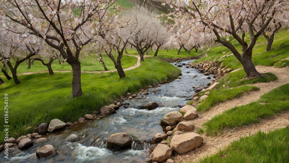 a bubbling stream running beneath an orchard on a hill, ai a bubbling stream running beneath an orchard on a hill, ai