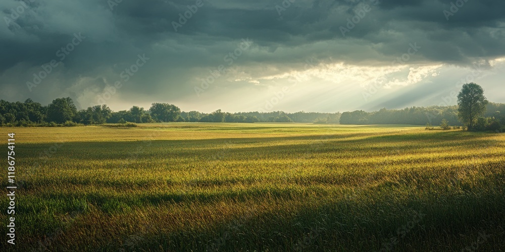 Obraz premium Summer landscape showcasing a field illuminated by sunlight, with sections of the field in light and shadow. The dramatic sky before the storm adds to the captivating summer landscape.