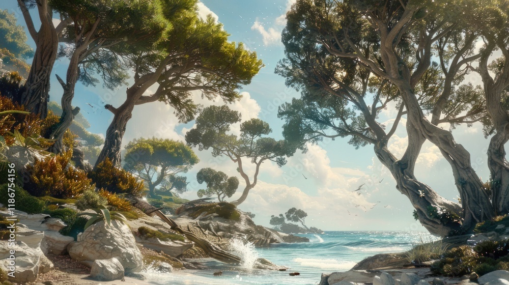 Sunlit coastal scene with leaning trees, rocky shore, and ocean waves. Sunlit coastal scene with leaning trees, rocky shore, and ocean waves.