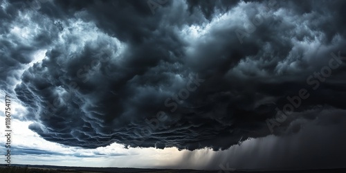 Dramatic black cloud formation and thunderstorm precede rain, showcasing the powerful presence of dark sky and black clouds, creating an intense atmospheric scene before the storm. photo