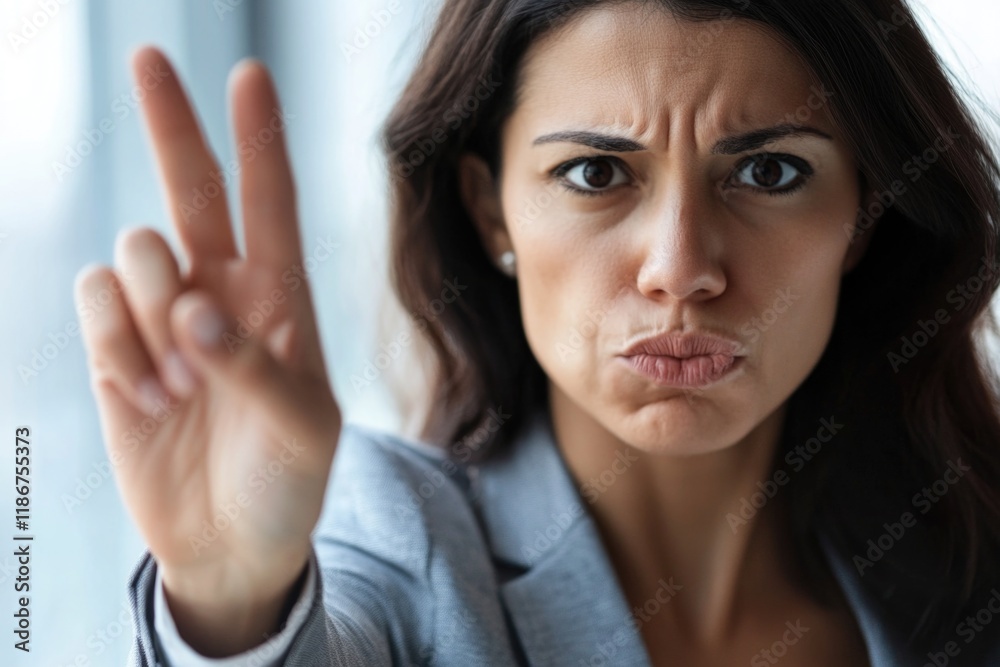 A woman makes a stop sign gesture with her hand, conveying a message of halt or pause A woman makes a stop sign gesture with her hand, conveying a message of halt or pause