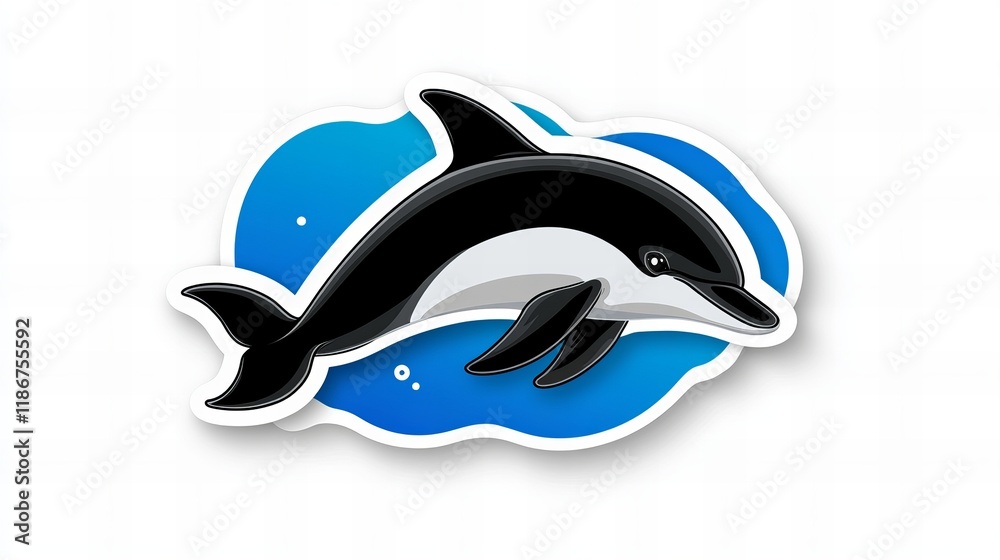 Obraz premium Playful dolphin sticker design in black and white, swimming in a vibrant blue ocean.