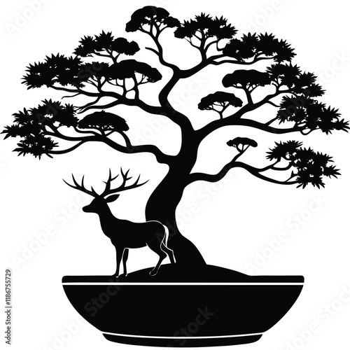 A minimalist vector silhouette featuring a bonsai tree with a gracefully twisted trunk and well-defined layered foliage, placed in a traditional bonsai pot with sharp,