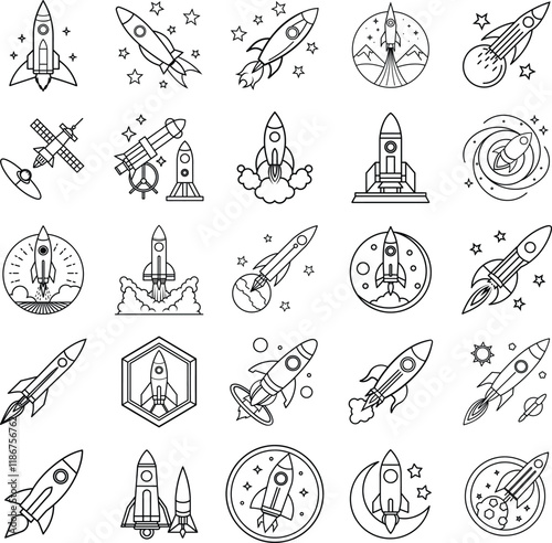 Space Rocket Launch Icons Stars, Planets, and Cosmic Exploration