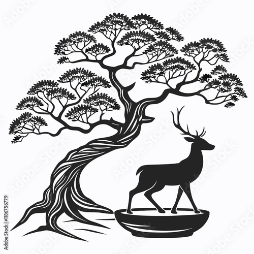 A minimalist vector silhouette featuring a bonsai tree with a gracefully twisted trunk and well-defined layered foliage, placed in a traditional bonsai pot with sharp,