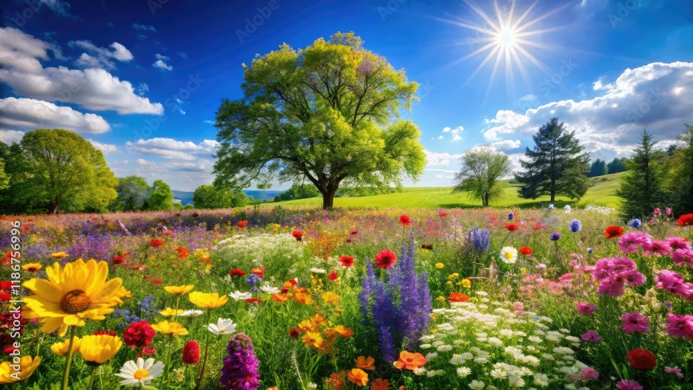 Obraz premium A blooming meadow with a vibrant mix of colorful flowers, trees, and lush greenery against a bright blue sky on a sunny spring day, sunshine, blue sky