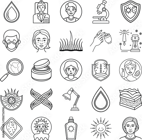 Skincare icons Dermatology, beauty, health, protection, treatment, cosmetic, face, wellness, sun, re