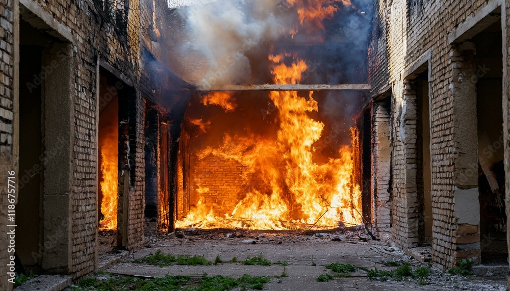 Obraz premium A gloomy scene of a fire breaking out in an abandoned building, flames spreading through the cracks in windows and doors