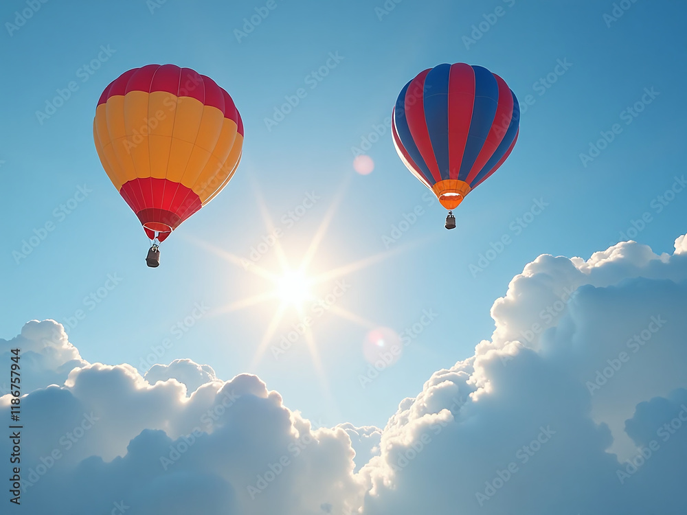 Fototapeta premium Balloons With Vibrant Colors Float Above A Brilliant Blue Sky As The Warm Sun Peeks Out From Behind Fluffy White Clouds. 00003