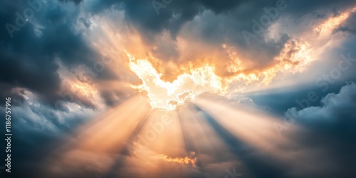 Sun rays penetrate a dense cloudy sky, creating a dramatic interplay of light and shadow as the sun s rays radiate through the thick clouds above, enhancing the captivating atmosphere. photo