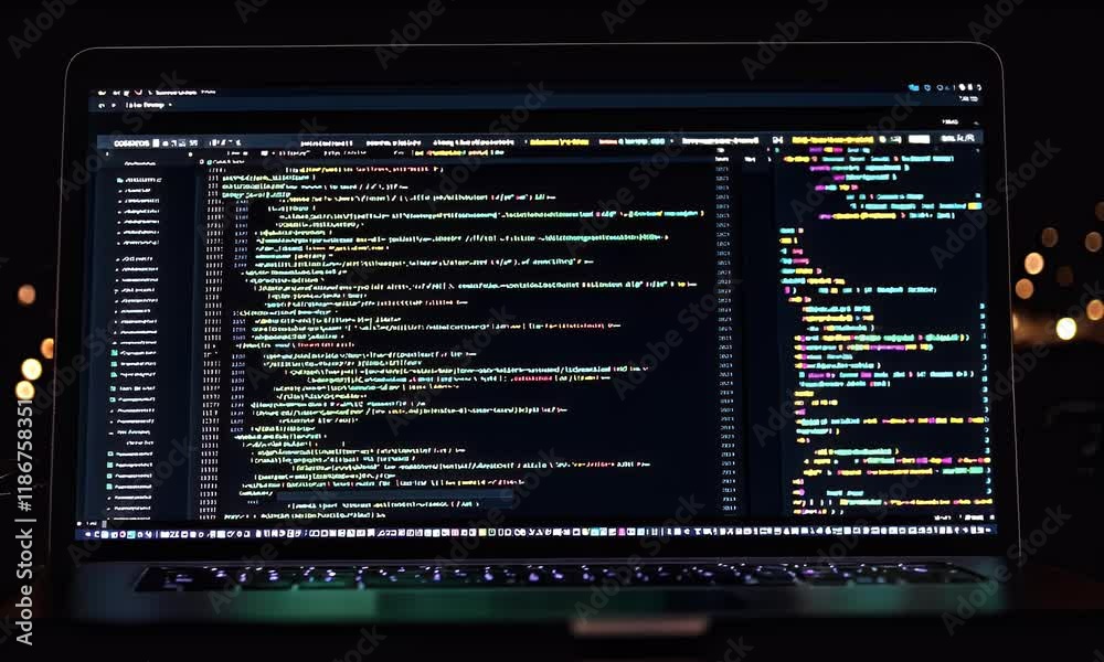 Night coding, laptop screen displays code, bokeh lights background, software development
