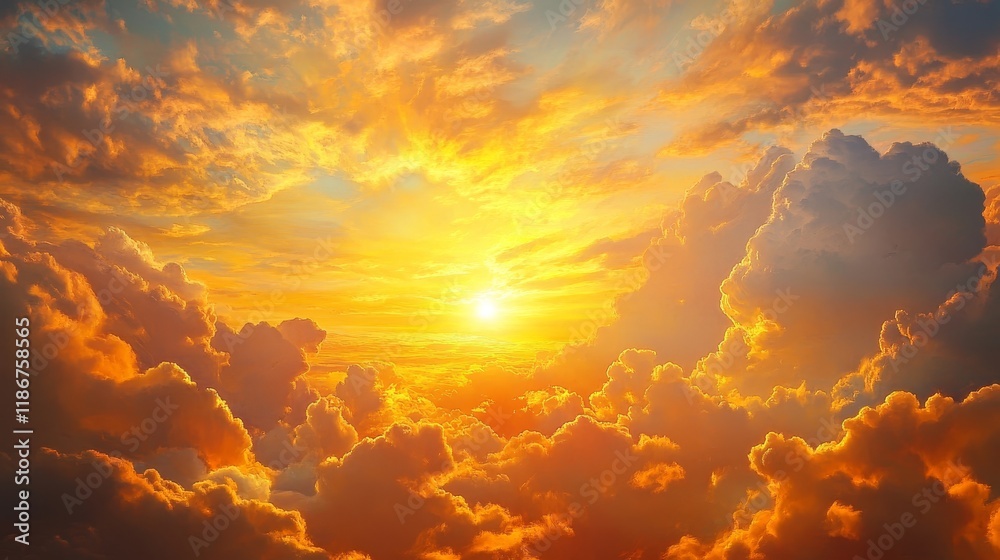 Fototapeta premium Majestic sunrise illuminating fluffy clouds with vibrant rays of light, creating a breathtaking scene of natural beauty as the day begins, showcasing the splendor of fluffy clouds and light.