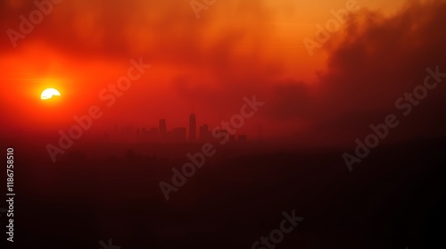 Hauntingly Los Angeles Skyline at Sunrise After Devastating Wildfire – Apocalyptic Glow Amidst Smoke, fire in los Angeles, city in fire