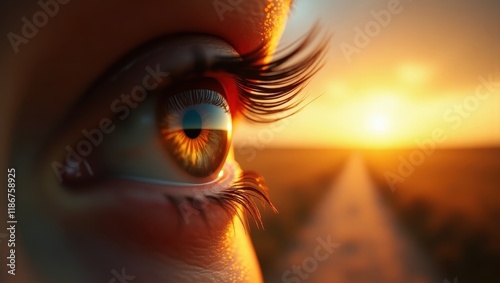Beautiful sunset reflected in a person's eye while gazing towards the horizon