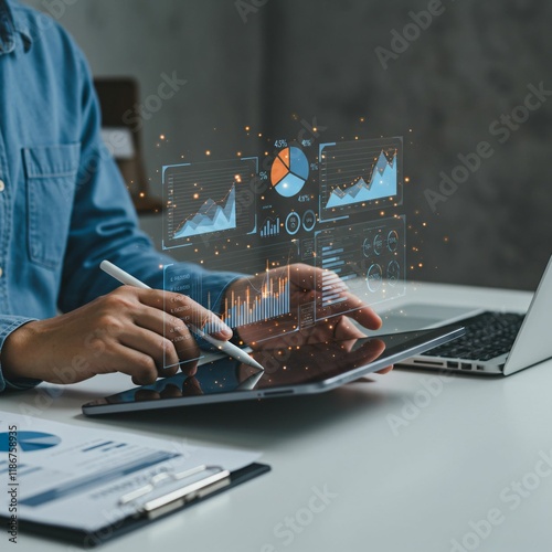 Business Analyst Using a Digital Dashboard on a Computer for Data Management and KPI Monitoring in Finance and Operations
