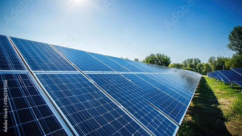 High capacity battery storage systems adjacent to rows of solar panels under a bright blue sky, showcasing renewable energy solutions.