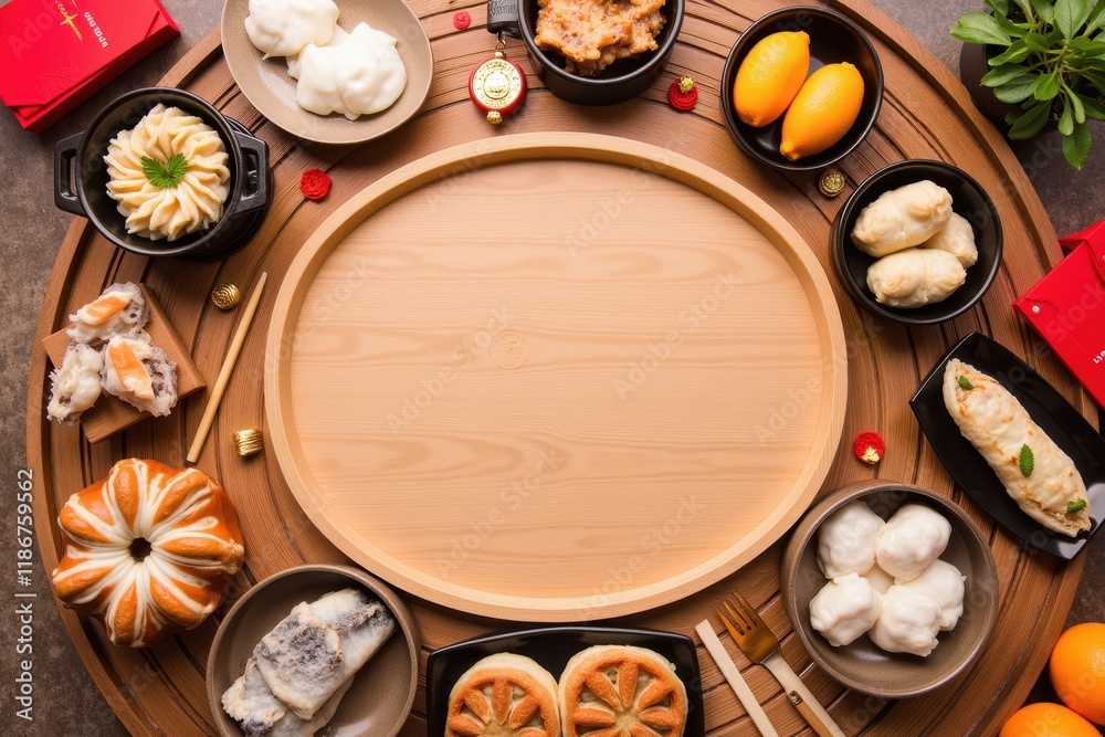 Elegant Table Setting with Chinese Cuisine Featuring Dim Sum and Traditional Dishes on a Wooden Tray Surrounded by Fresh Ingredients and Celebratory Decor