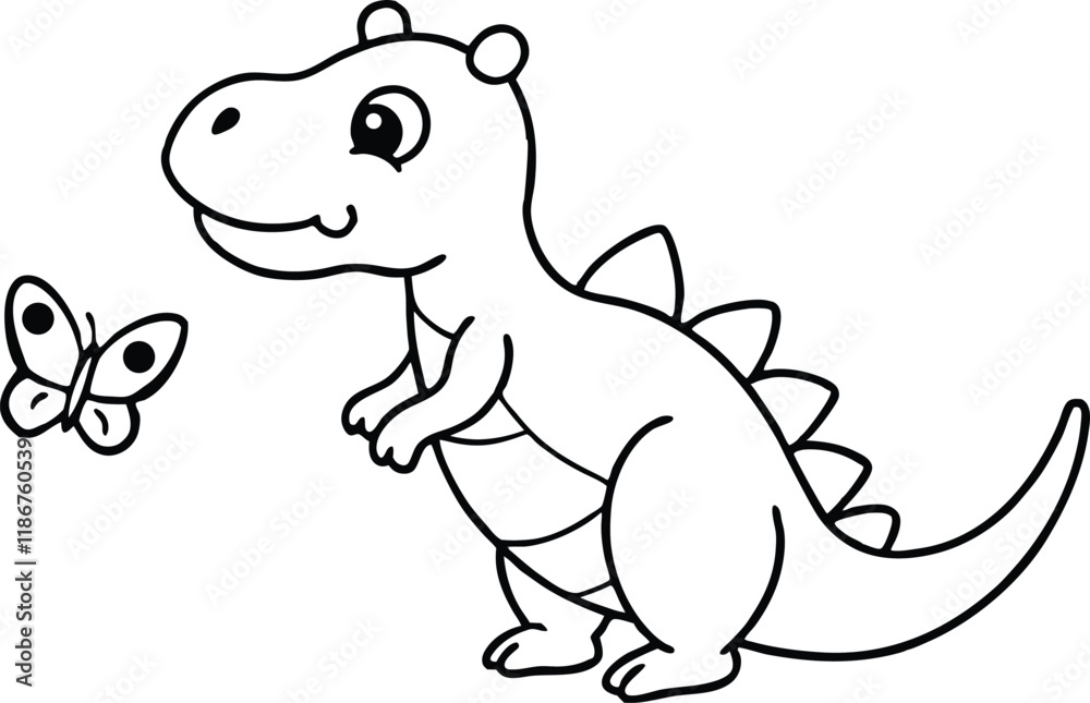Obraz premium Adorable Cartoon Dinosaur and Butterfly Coloring Page Illustration