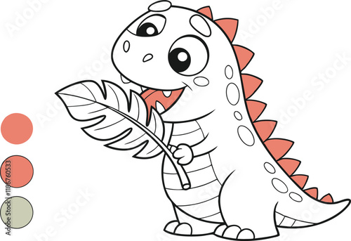 Adorable Cartoon Dinosaur Coloring Page with Leaf and Colors