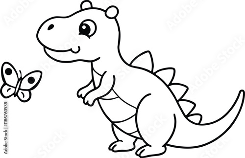 Adorable Cartoon Dinosaur and Butterfly Coloring Page Illustration