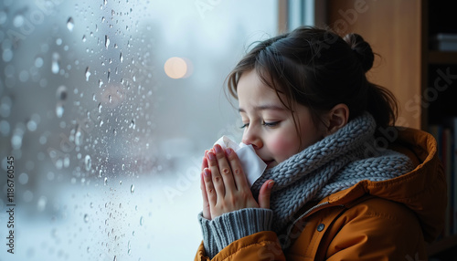 Little girl with runny nose holding tissue by rainy window having a sick day photo