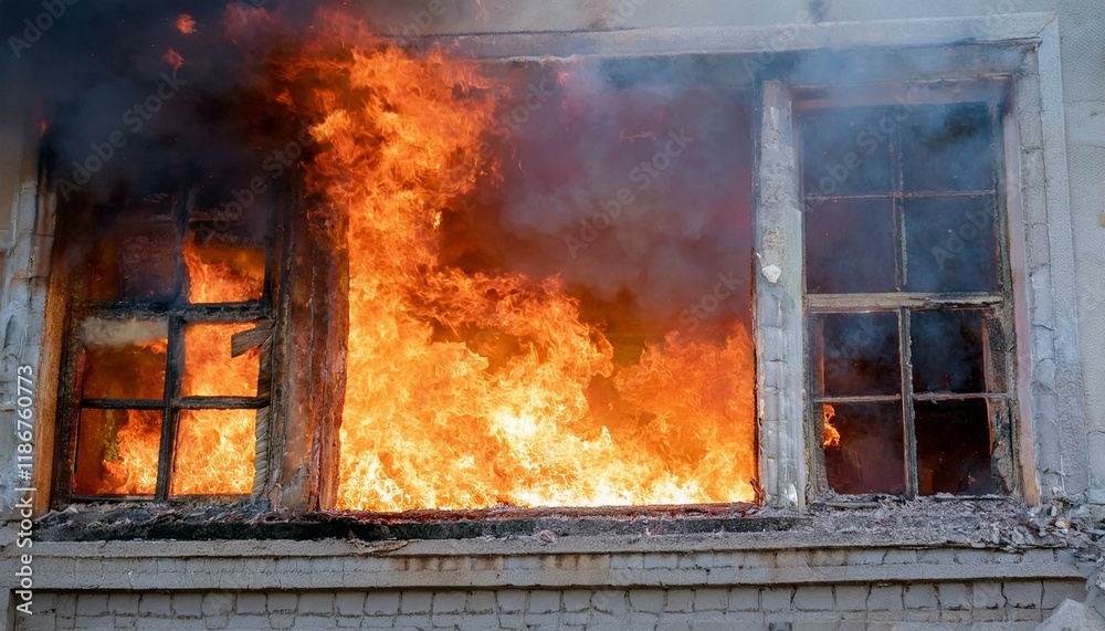 A gloomy scene of a fire breaking out in an abandoned building, flames spreading through the cracks in windows and doors