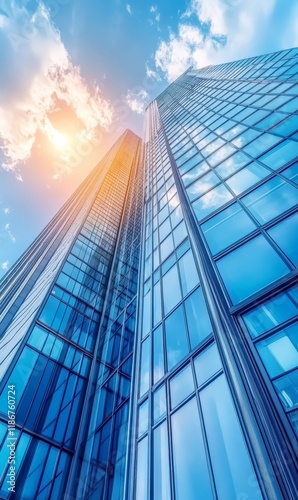 Abstract modern glass office building in downtown, view from below