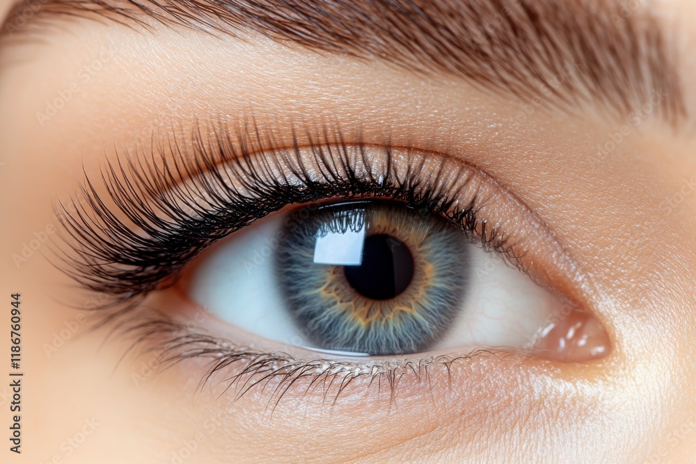 Obraz premium Close-up of a Woman's Eye with Long Eyelashes: A captivating close-up showcasing a woman's beautiful eye with long, dark eyelashes and striking blue-grey iris.