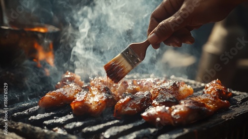cooking, culinary and food concept - close up of hand with brush smearing marinade sauce on barbecue meat roasting on brazier grill outdoors