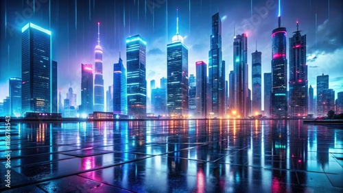 A futuristic cityscape with sleek skyscrapers and neon lights reflecting off the wet pavement, architecture, reflective, urban, industrial, building photo