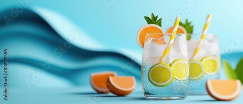 Refreshing Citrus Drinks with Lemon and Orange Slices on Blue Surface