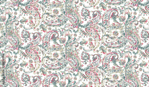 Floral seamless pattern with paisley ornament. Vector illustration in asian textile style

