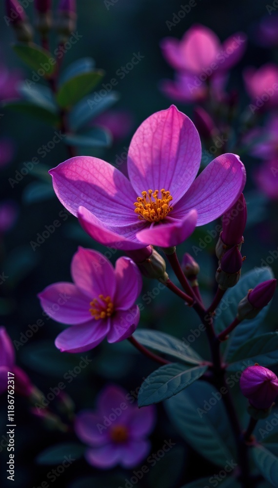 Deep purple and orange hues blend with black shadows, nature, purple flowers Deep purple and orange hues blend with black shadows, nature, purple flowers