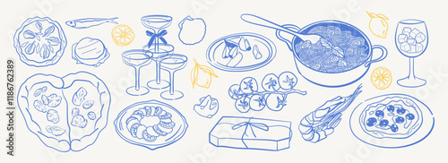Vintage naive Italian food. Pizza, pasta, shrimp, mozzarella. Doodle drawing set in dolce vita sketch style for kitchen posters, wedding invitations, menus. Elegant Greek Dining Illustration.