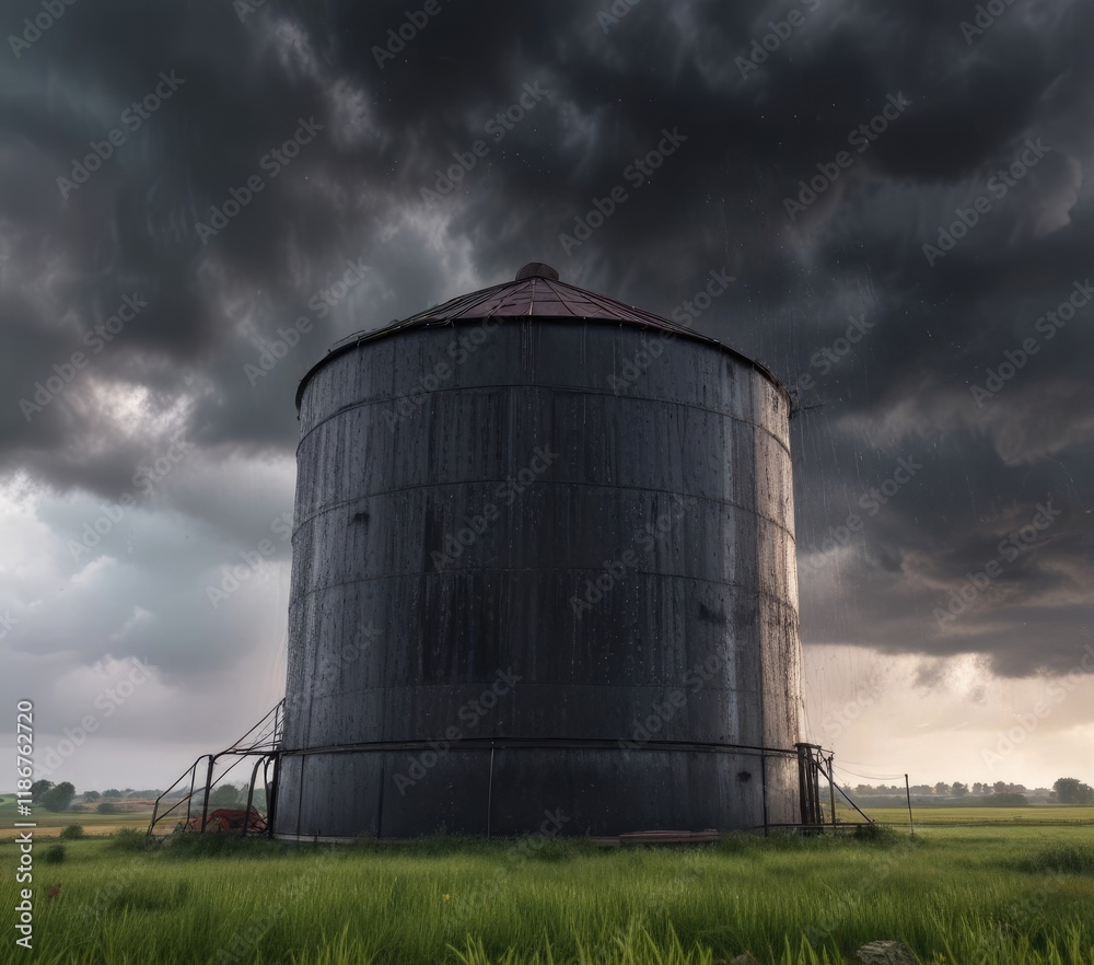 A farm silo collapsing under the weight of heavy rain as a black cloud looms overhead, rainy day, harvest preparations A farm silo collapsing under the weight of heavy rain as a black cloud looms overhead, rainy day, harvest preparations