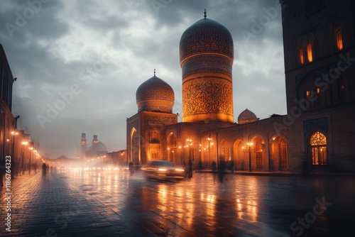 The evening azan echoing from the iconic Minaret of Kalon in Bukhara, with warm lights illuminating the mosque