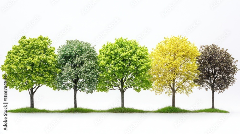 Fototapeta premium Five trees changing seasons on grassy knoll, white background, for seasonal concepts.
