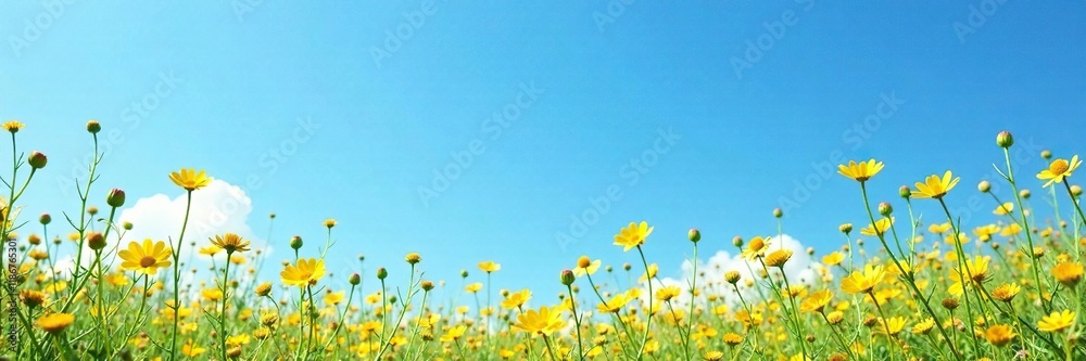 Blue clear sky with a scattering of delicate yellow wildflowers, yellow, flowers, sky Blue clear sky with a scattering of delicate yellow wildflowers, yellow, flowers, sky