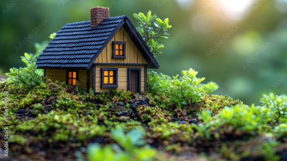 Miniature house nestled in lush green moss, illuminated windows, idyllic setting. Miniature house nestled in lush green moss, illuminated windows, idyllic setting.