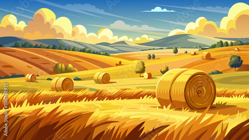 Hay bail harvesting in golden field landscape. Copy space image. Place for adding text and design