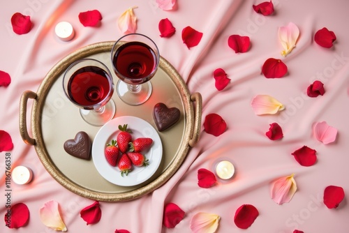 Romantic Setting with Red Wine, Strawberries, and Chocolate Hearts Surrounded by Rose Petals on a Soft Pink Background for Celebrations and Special Occasions