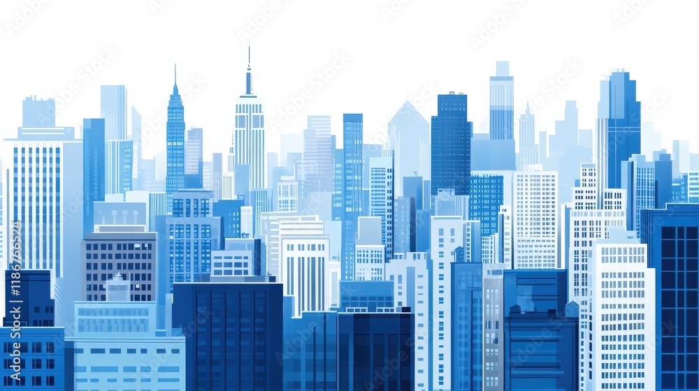 Obraz premium A simple vector illustration of a cityscape, featuring buildings in a blue and white color palette, with a flat design on a white background. illustration