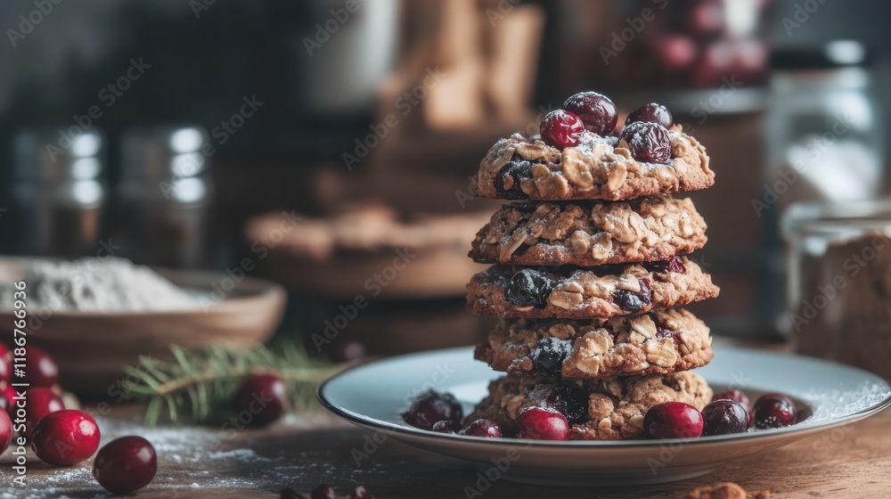 Fototapeta premium Freshly Baked Cookies with Cranberries and Oats on Rustic Table