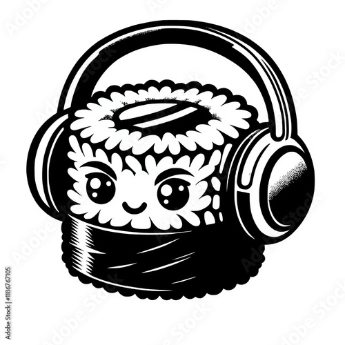 Sushi roll character wearing headphones vector illustration photo