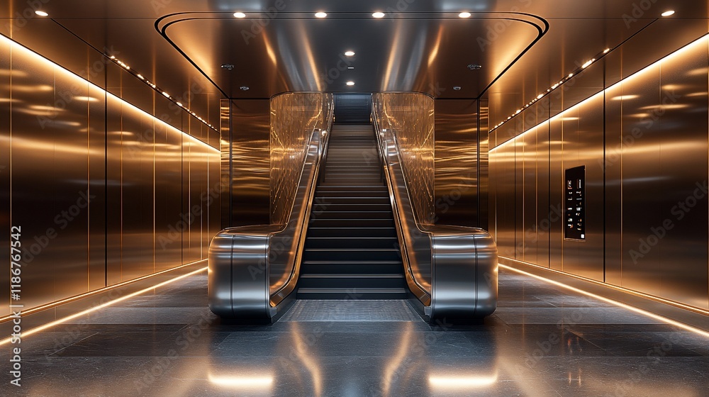 Modern Escalator in Luxurious Gold Metal Interior Modern Escalator in Luxurious Gold Metal Interior